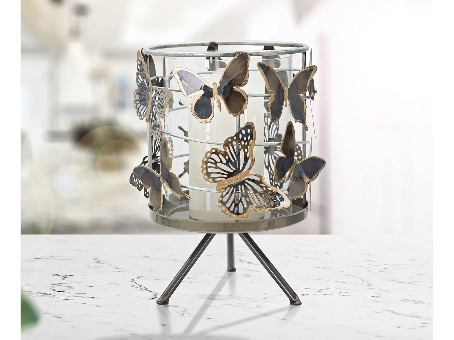 Photophore sur Pied en Métal "Farfalle" 23cm Multicolore