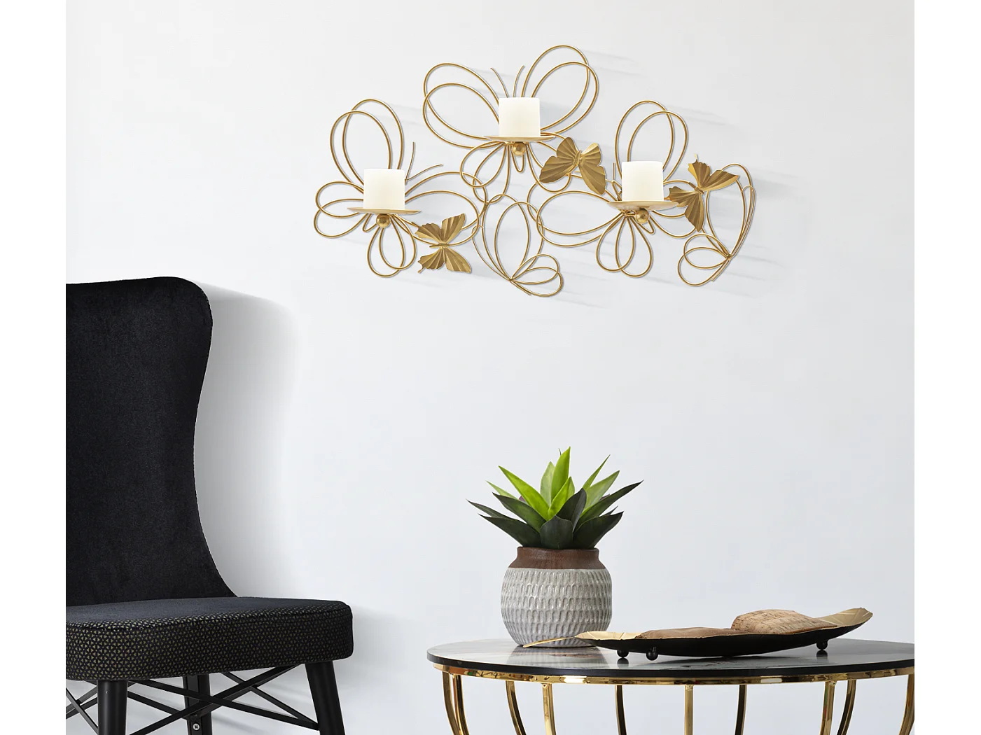 Bougeoir Mural en Métal "Butterflies" 61cm Or