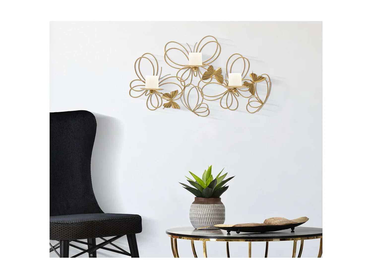 Gouden metalen wandkaarsenhouder 61x12x34 cm