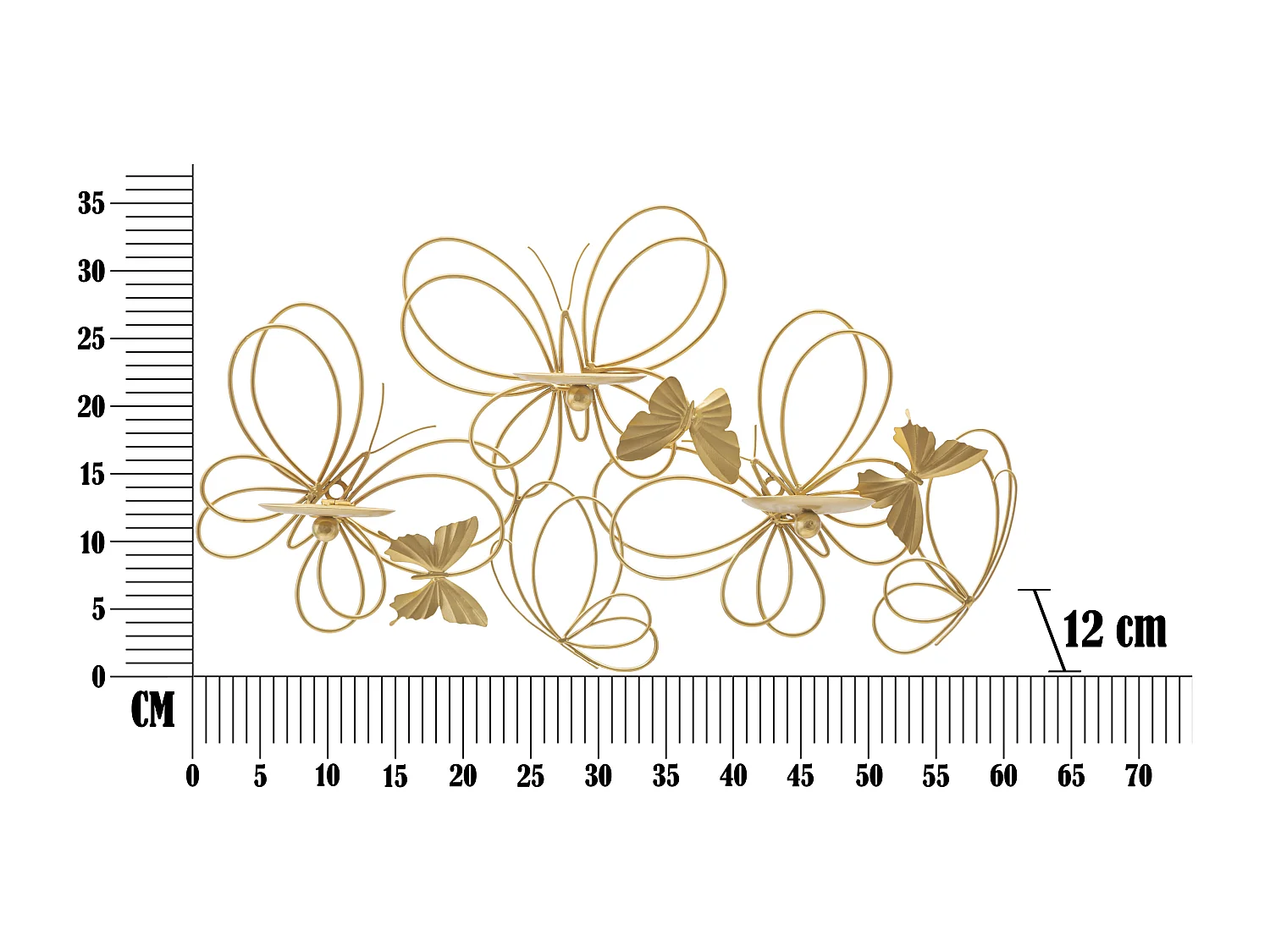 Gouden metalen wandkaarsenhouder 61x12x34 cm