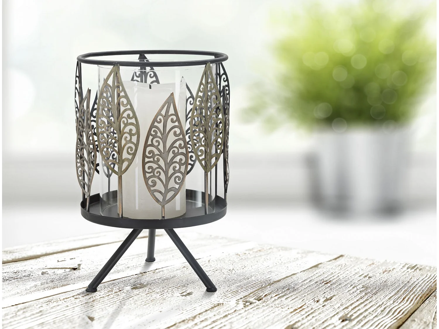 Portacandele in metallo grigio foglie Ø cm 15x24