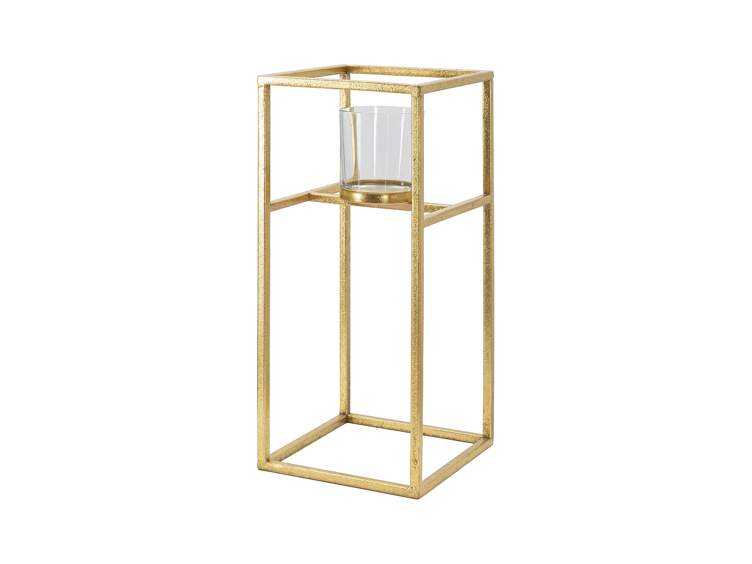 Support de Bougie en Métal Doré avec Coupelle en Verre - Porte-bougie Élégant 15x15x35 cm, Structure Géométrique Carrée et Linéaire