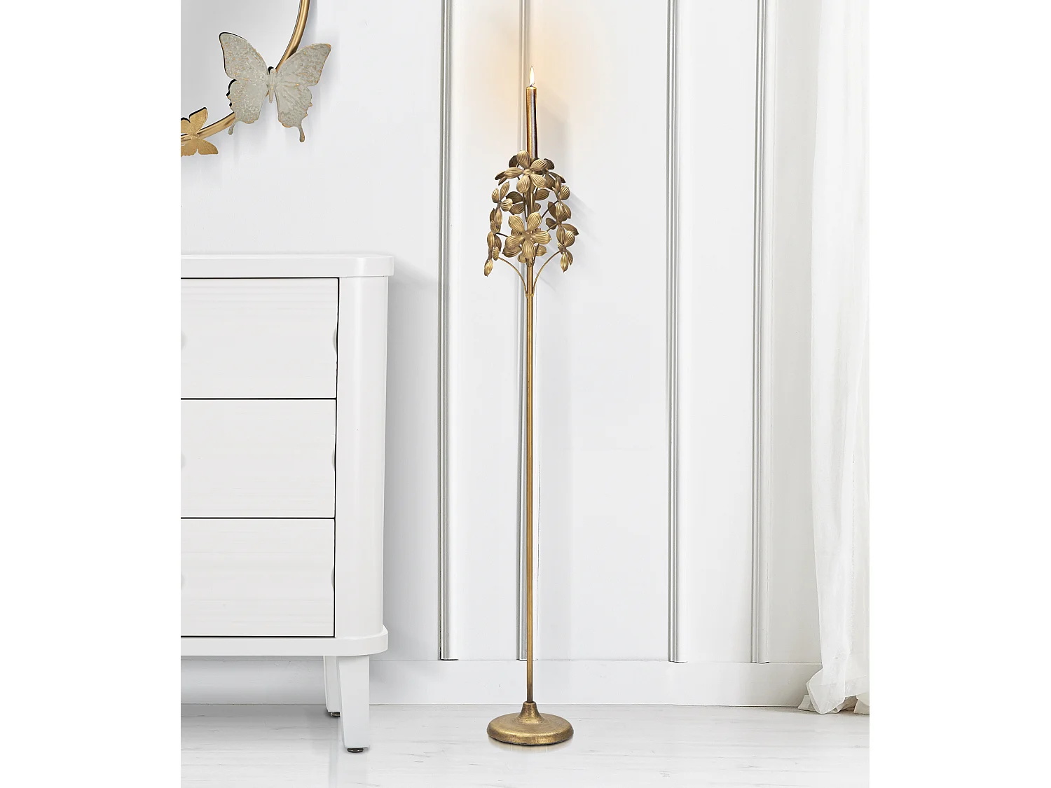 Gouden metalen kaarsenhouder met bladeren Ø 17x93 cm