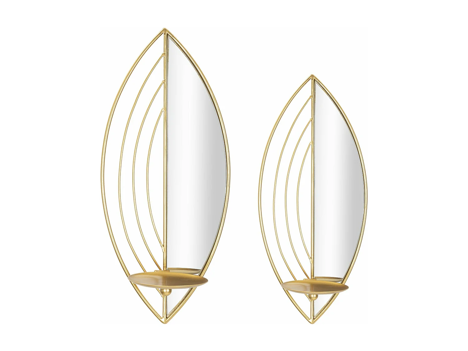 Set di 2 portacandele da parete in metallo dorato cm 18x13x41-15x13x35