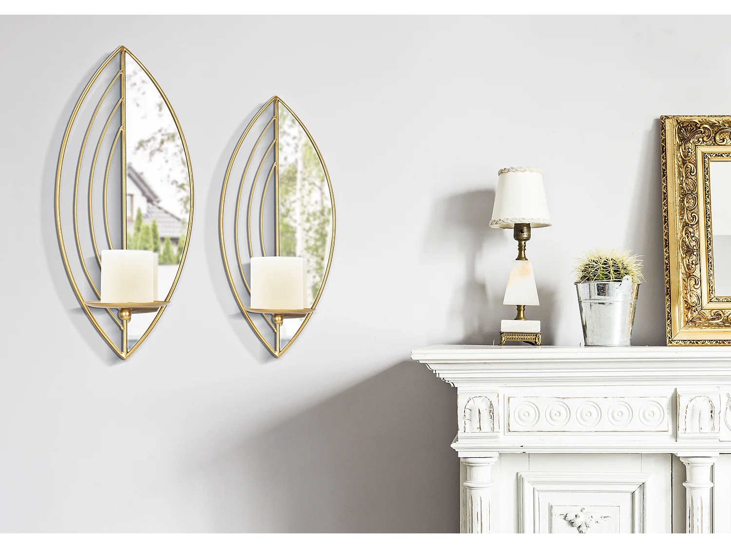 Lot de 2 Bougeoirs Muraux Miroirs "Leaf" 41cm Or