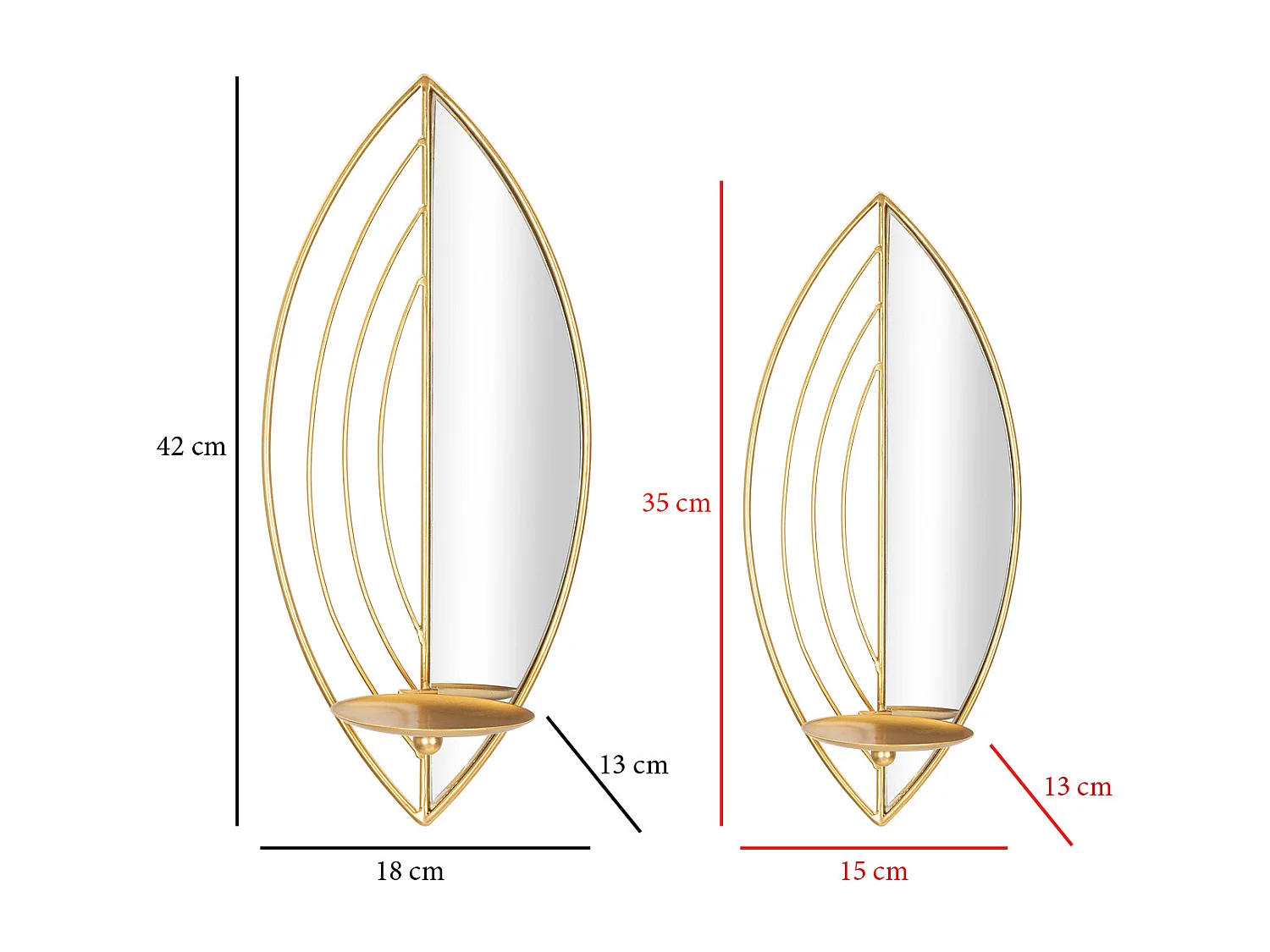 Set van 2 gouden metalen wandkaarsenhouders 18x13x41-15x13x35 cm
