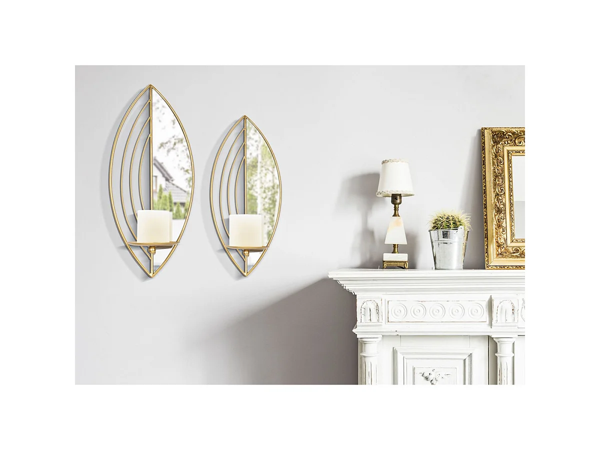 Lot de 2 Bougeoirs Muraux Miroirs "Leaf" 41cm Or