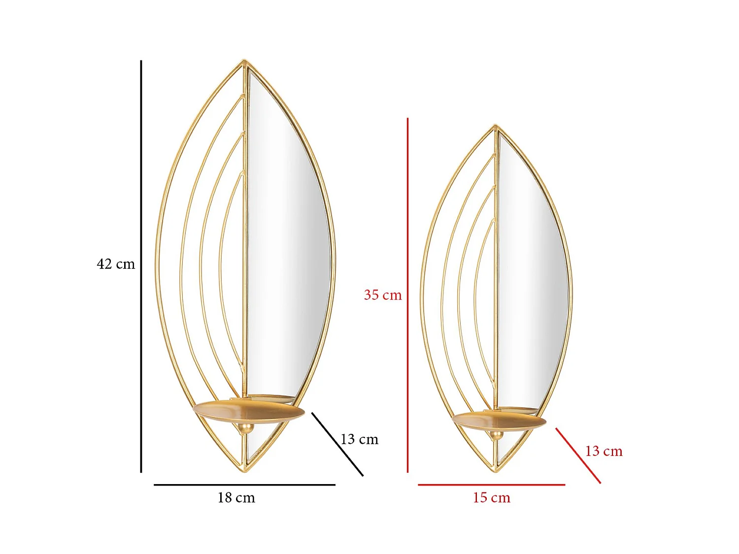 Lot de 2 Bougeoirs Muraux Miroirs "Leaf" 41cm Or
