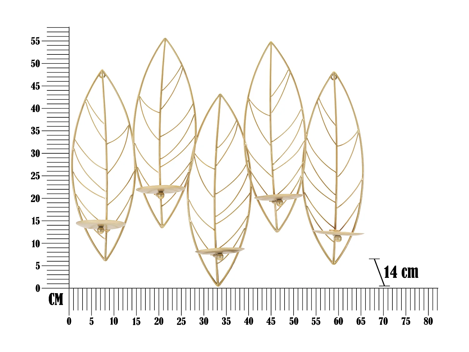Bougeoir Mural en Métal "Feuilles" 66cm Or
