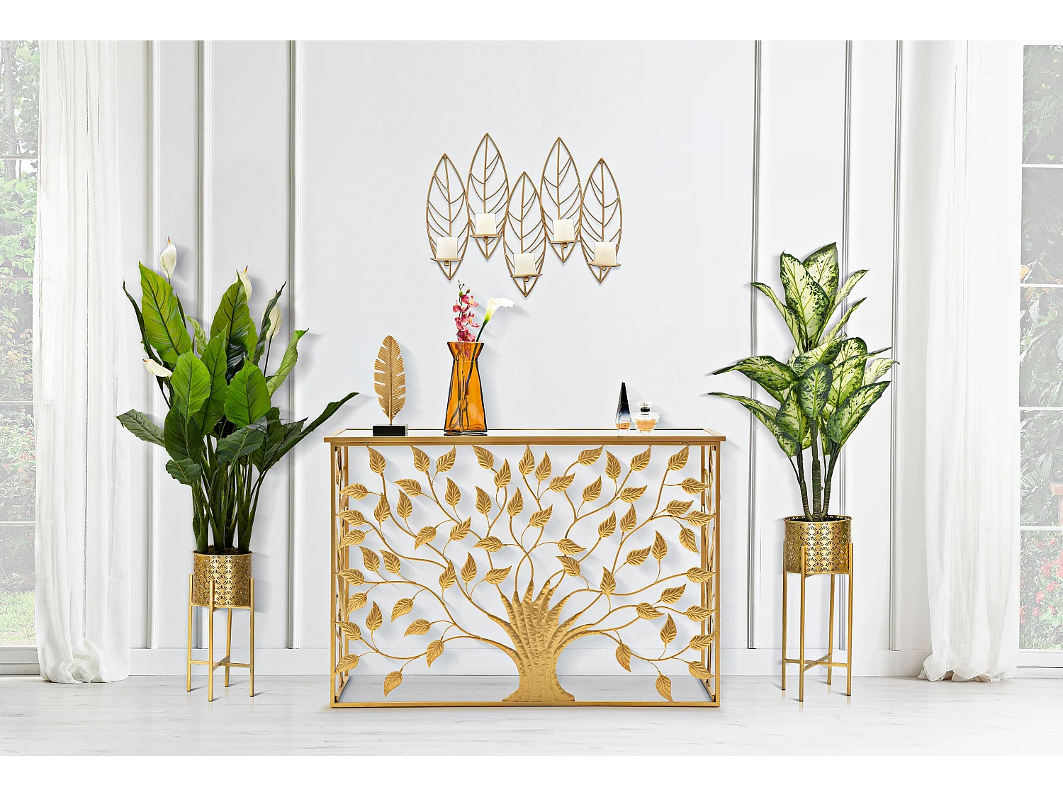 Bougeoir Mural en Métal "Feuilles" 66cm Or