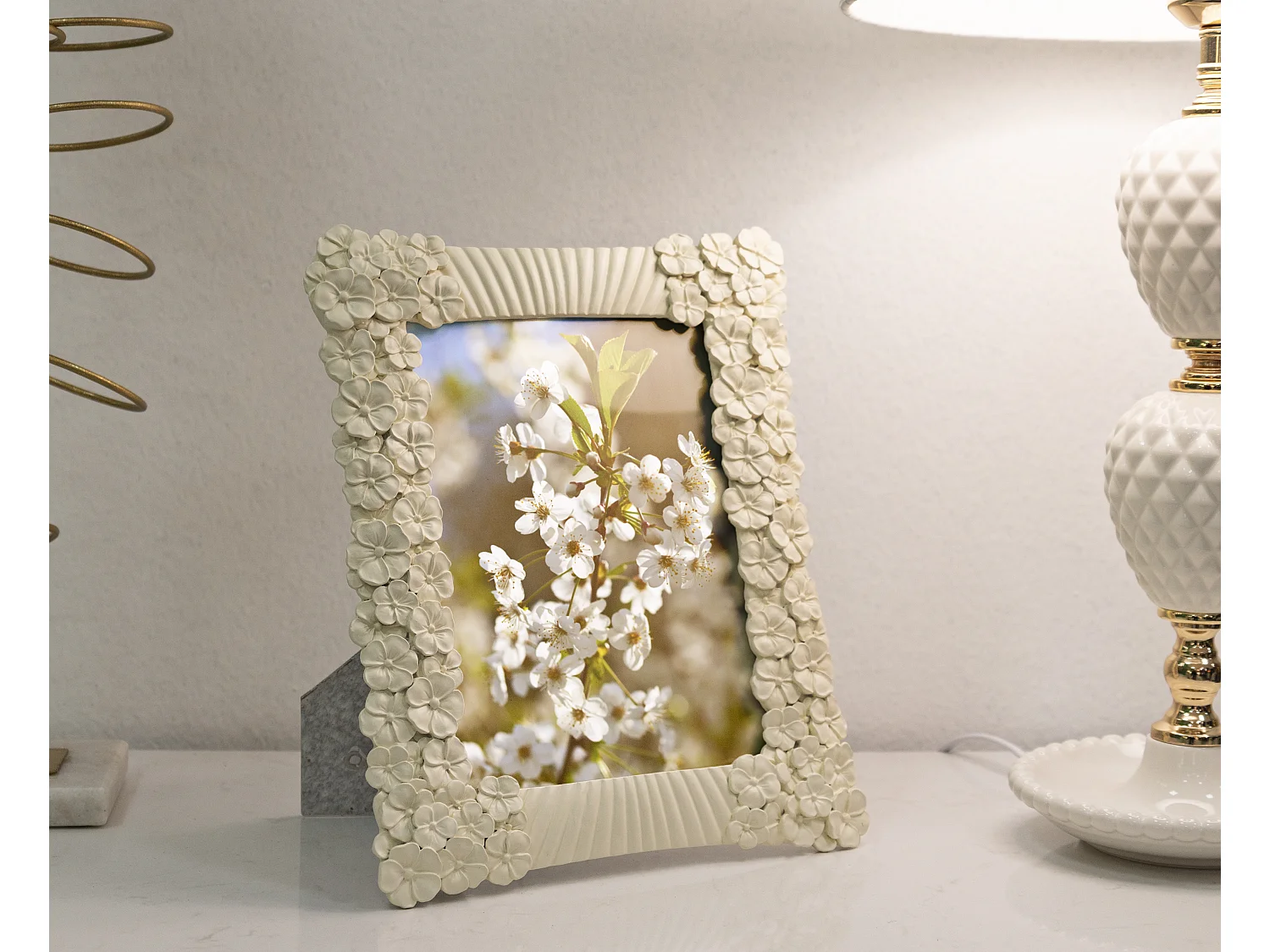 Cadre Photo Déco Fleurs "Cempalk" 15x20cm Crème