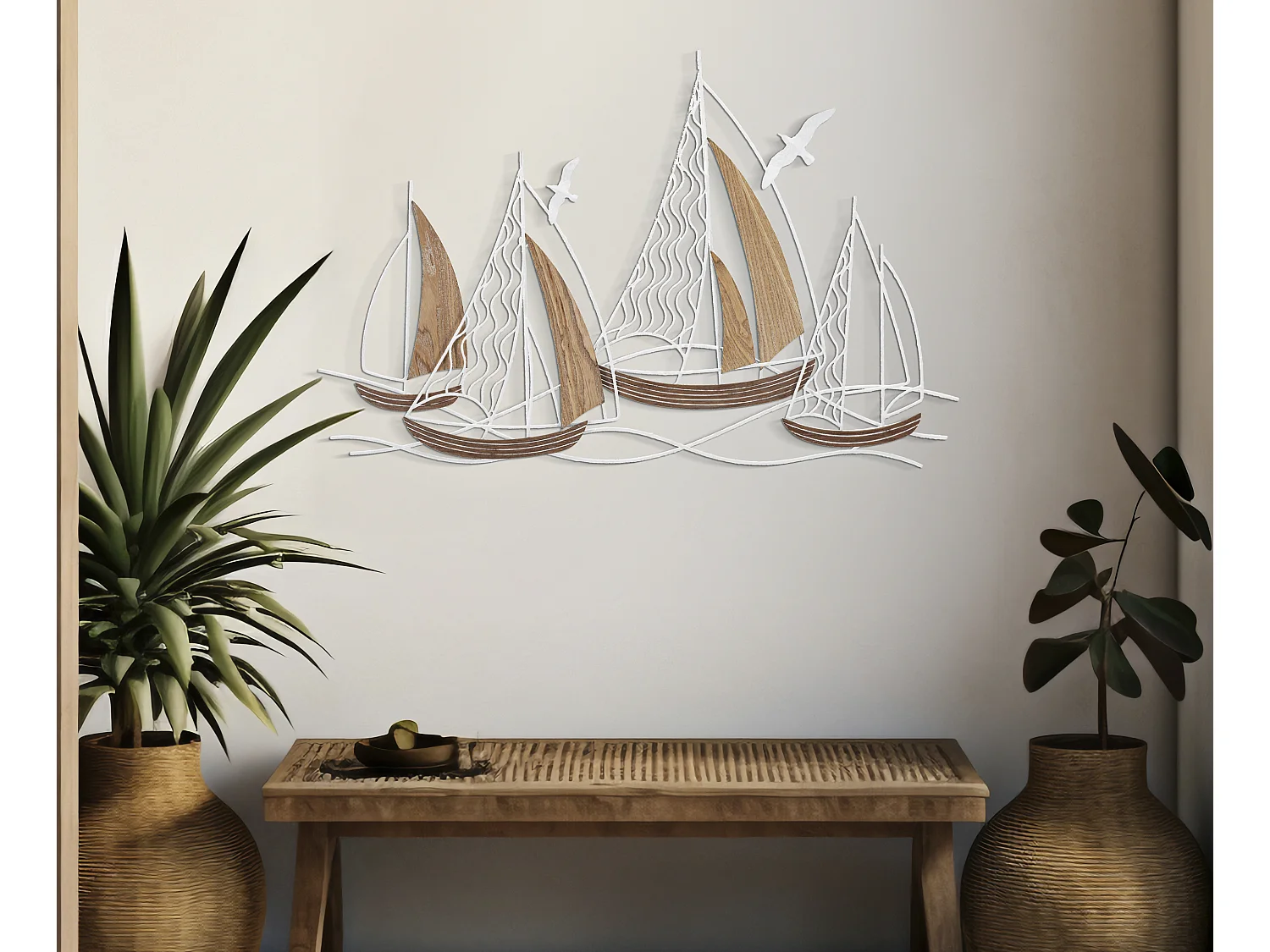 Pannello decorativo 3D in metallo bianco barche cm 89,5x3,8x57,8