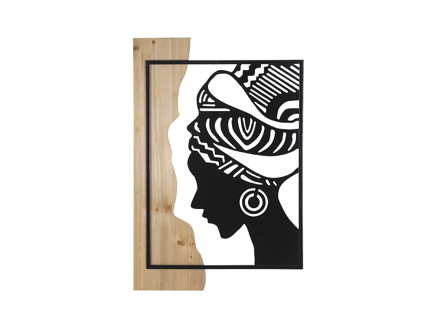 Panneau Décoratif Tribal - 3D en Métal et Bois - Profil de Femme avec Coiffure Traditionnelle - 53x2x80 cm