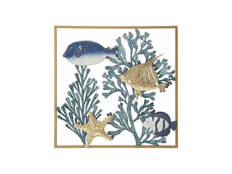 Panneau Décoratif 3D en Métal Fish - Panneau Mural avec Poissons et Coraux dans un Cadre Doré - 50,2x3,8x50,2 cm