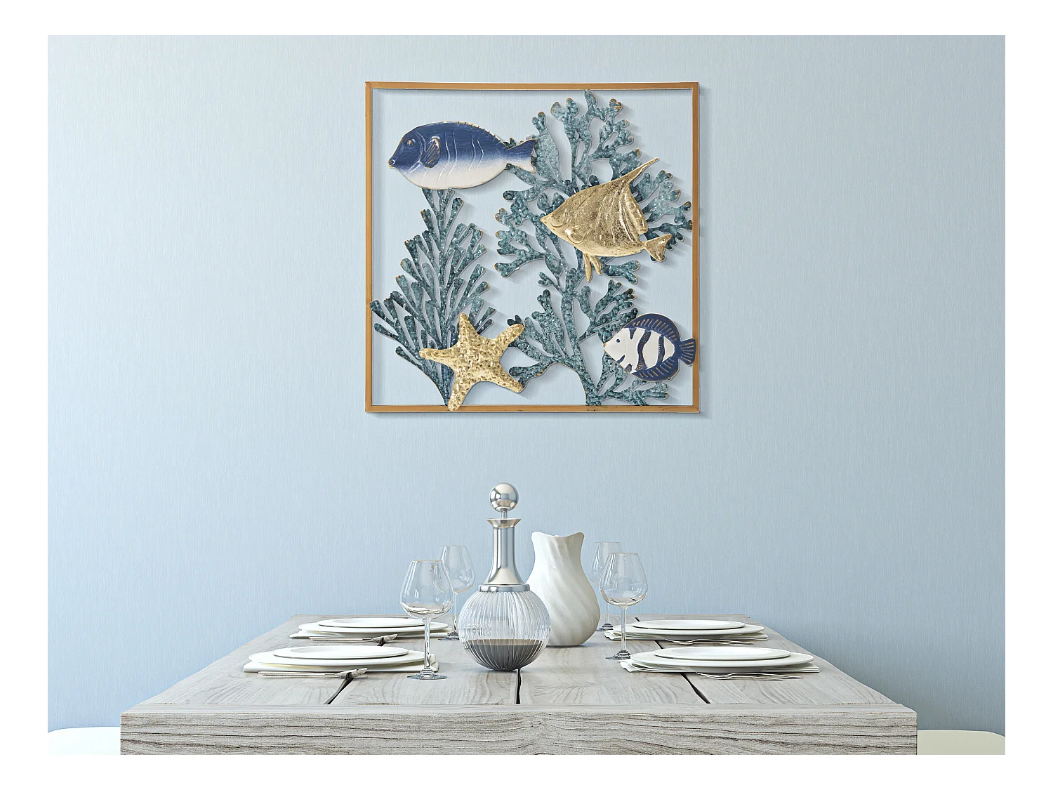 Panneau Décoratif 3D en Métal Fish - Panneau Mural avec Poissons et Coraux dans un Cadre Doré - 50,2x3,8x50,2 cm