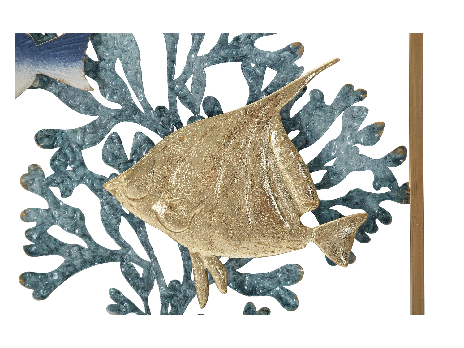 Panneau Décoratif 3D en Métal Fish - Panneau Mural avec Poissons et Coraux dans un Cadre Doré - 50,2x3,8x50,2 cm