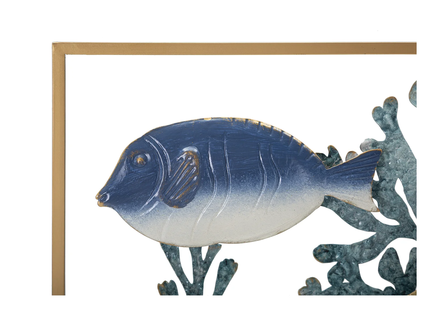 Panneau Décoratif 3D en Métal Fish - Panneau Mural avec Poissons et Coraux dans un Cadre Doré - 50,2x3,8x50,2 cm