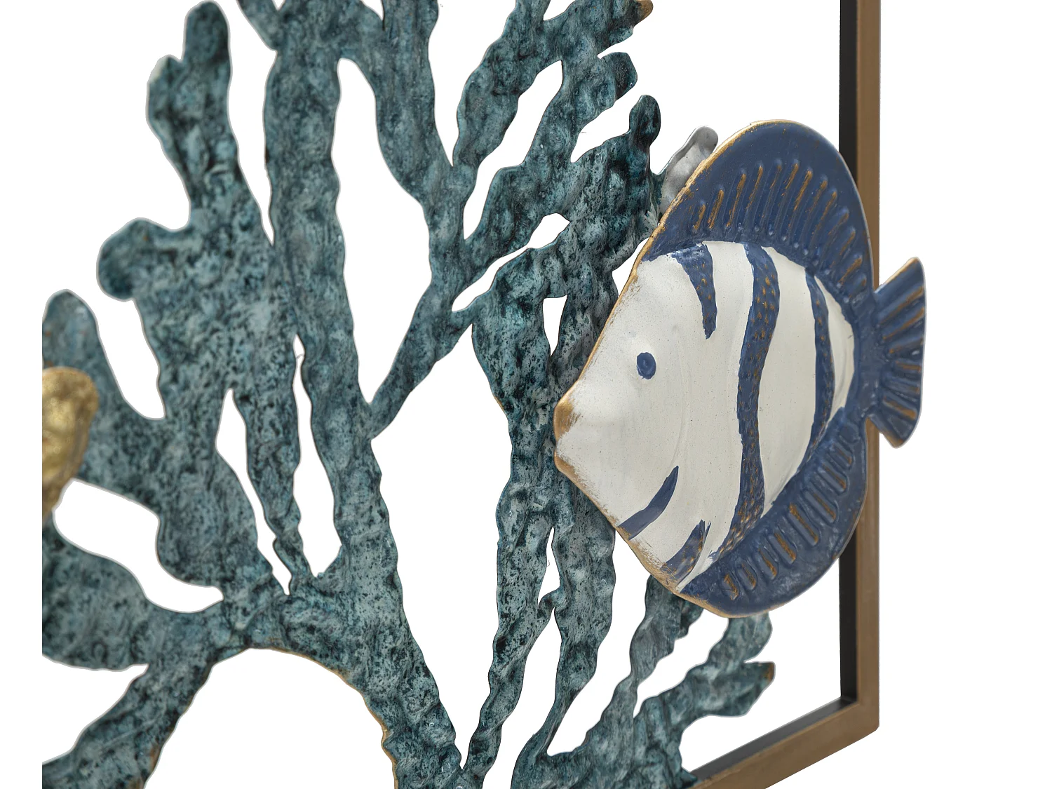 Panneau Décoratif 3D en Métal Fish - Panneau Mural avec Poissons et Coraux dans un Cadre Doré - 50,2x3,8x50,2 cm