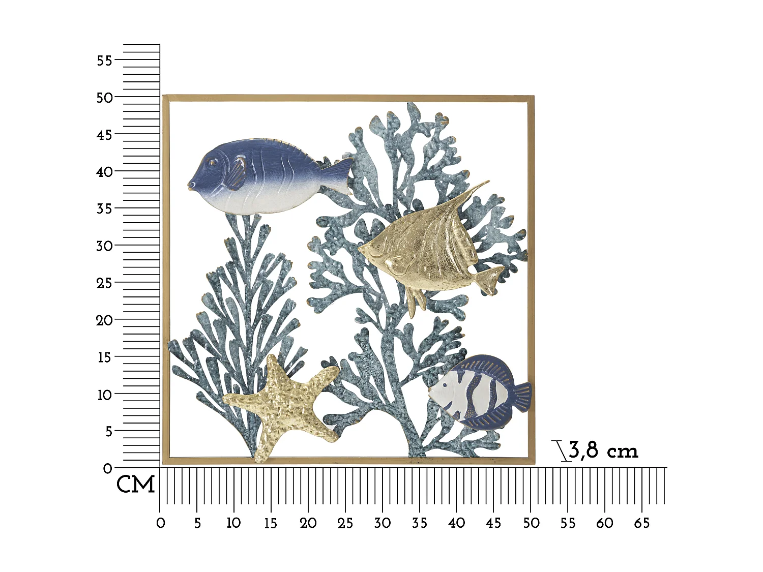 Panneau Décoratif 3D en Métal Fish - Panneau Mural avec Poissons et Coraux dans un Cadre Doré - 50,2x3,8x50,2 cm