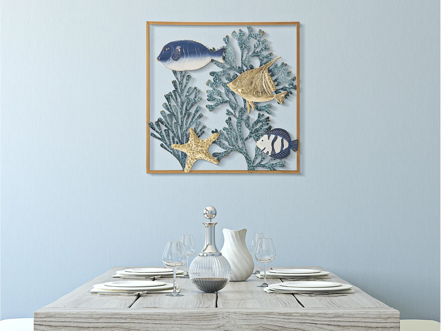Panneau Décoratif 3D en Métal Fish - Panneau Mural avec Poissons et Coraux dans un Cadre Doré - 50,2x3,8x50,2 cm