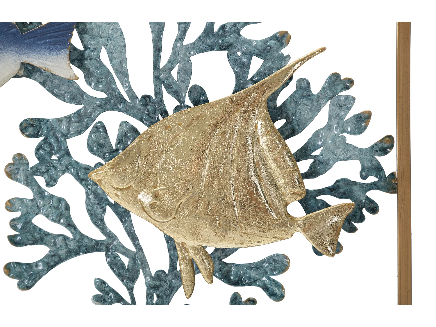 Panneau Décoratif 3D en Métal Fish - Panneau Mural avec Poissons et Coraux dans un Cadre Doré - 50,2x3,8x50,2 cm