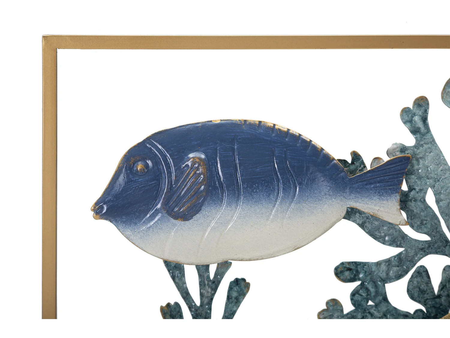 Panneau Décoratif 3D en Métal Fish - Panneau Mural avec Poissons et Coraux dans un Cadre Doré - 50,2x3,8x50,2 cm