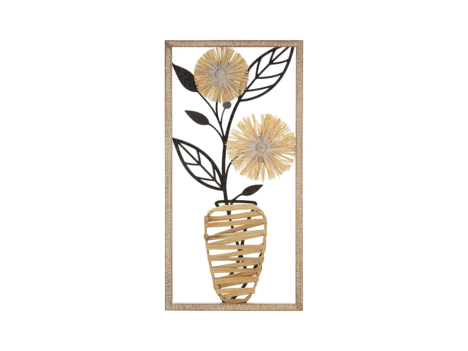 Panneau décoratif 3D en Fer et Bois - Panneau Mural avec Vase de Fleurs Élégantes dans un Cadre Rectangulaire en Bois - 40x3,5x80 cm