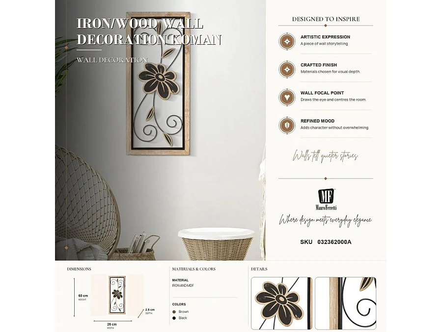 Décoration Murale Encadrée "Koman" 60cm Naturel & Noir