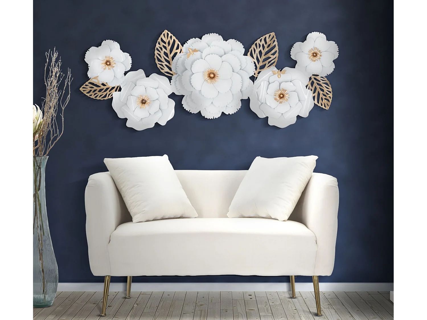 Décoration Murale en Métal "Foral" 158cm Blanc & Or