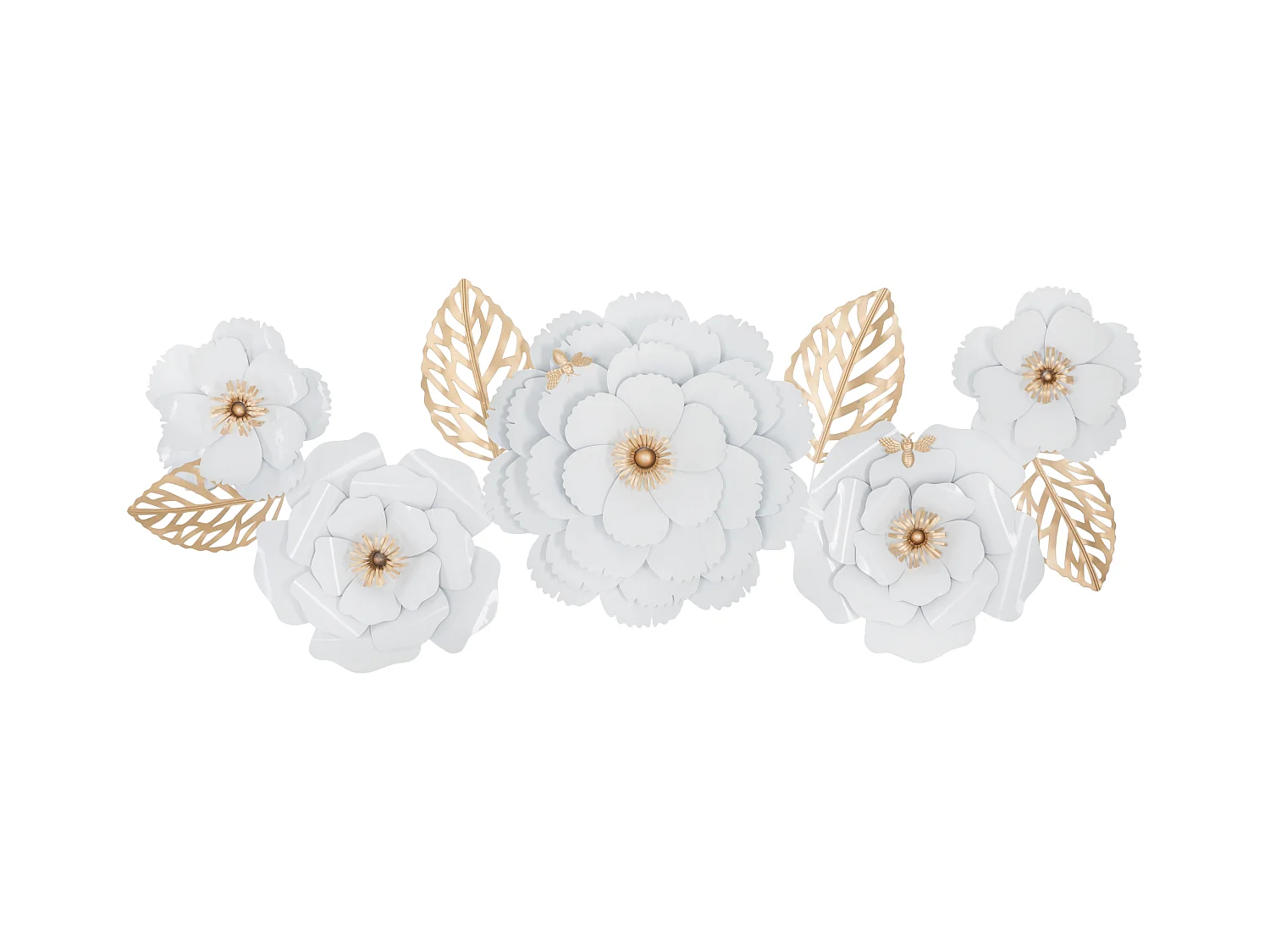 Panneau Mural Décoratif 3D en Fer - Design Naturel Feuilles et Fleurs - Blanc et Or - 158 x 9 x 60 cm