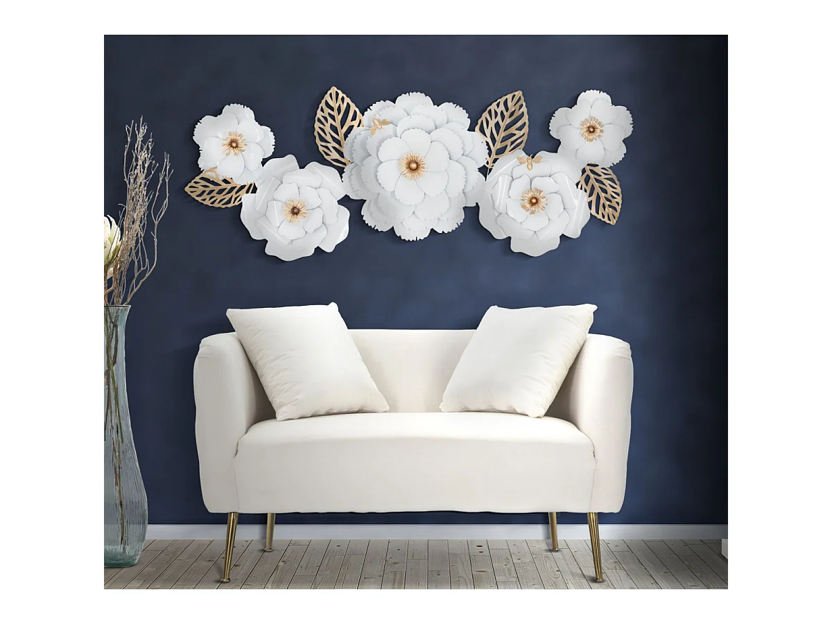 Dekorativt vægpanel "White Decor" (158 x 9 x 60 cm) – Glamourøs stil, hvid og guld jernplade – Eksotisk 3D-dekoration