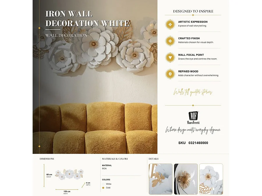 Dekorativt vægpanel "White Decor" (158 x 9 x 60 cm) – Glamourøs stil, hvid og guld jernplade – Eksotisk 3D-dekoration