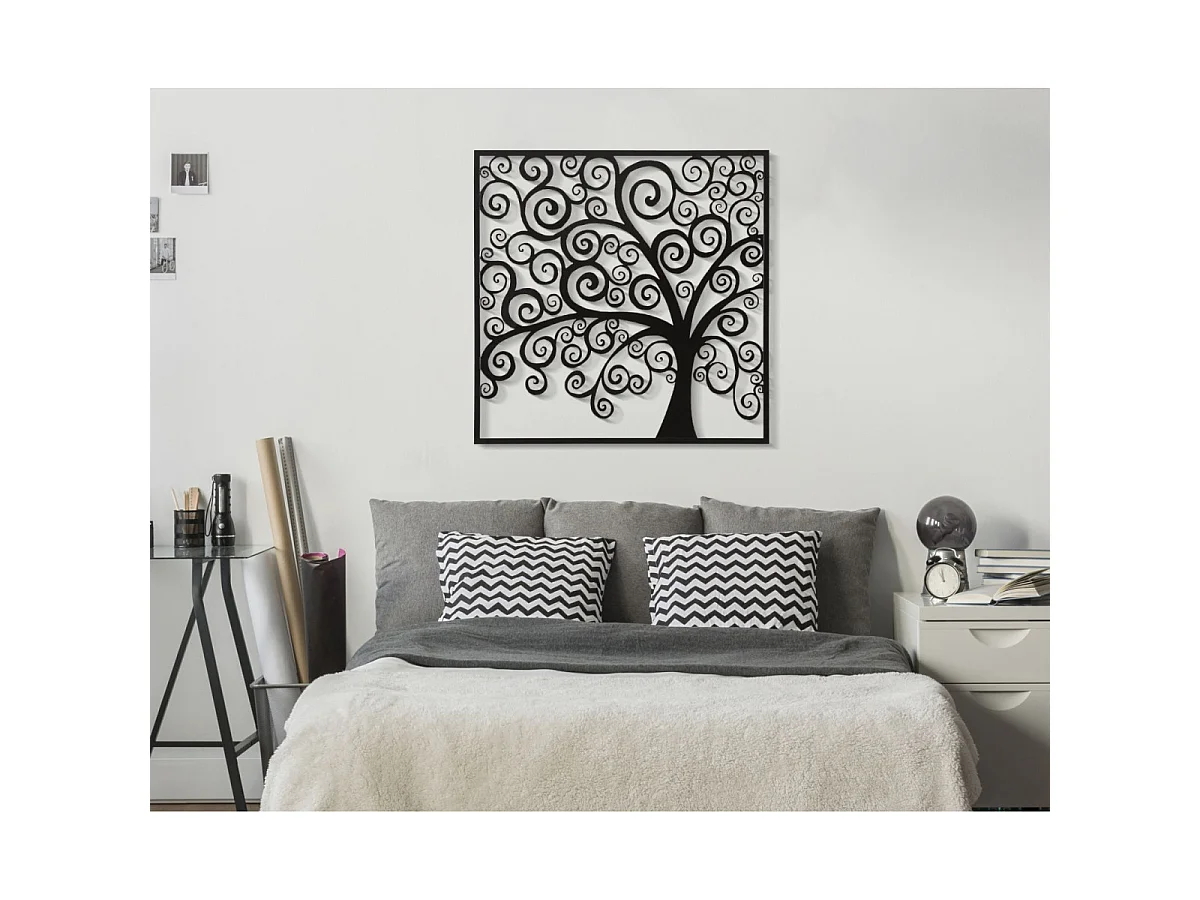 Three Plus 3D dekorativt jernpanel – vægkunst med stiliseret træ i en sort firkantet ramme, 100 x 100 cm – Style Glam