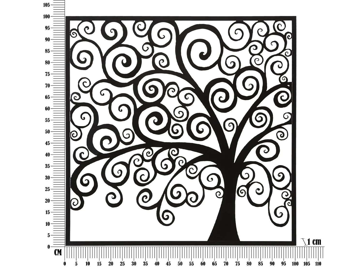 Three Plus 3D dekorativt jernpanel – vægkunst med stiliseret træ i en sort firkantet ramme, 100 x 100 cm – Style Glam