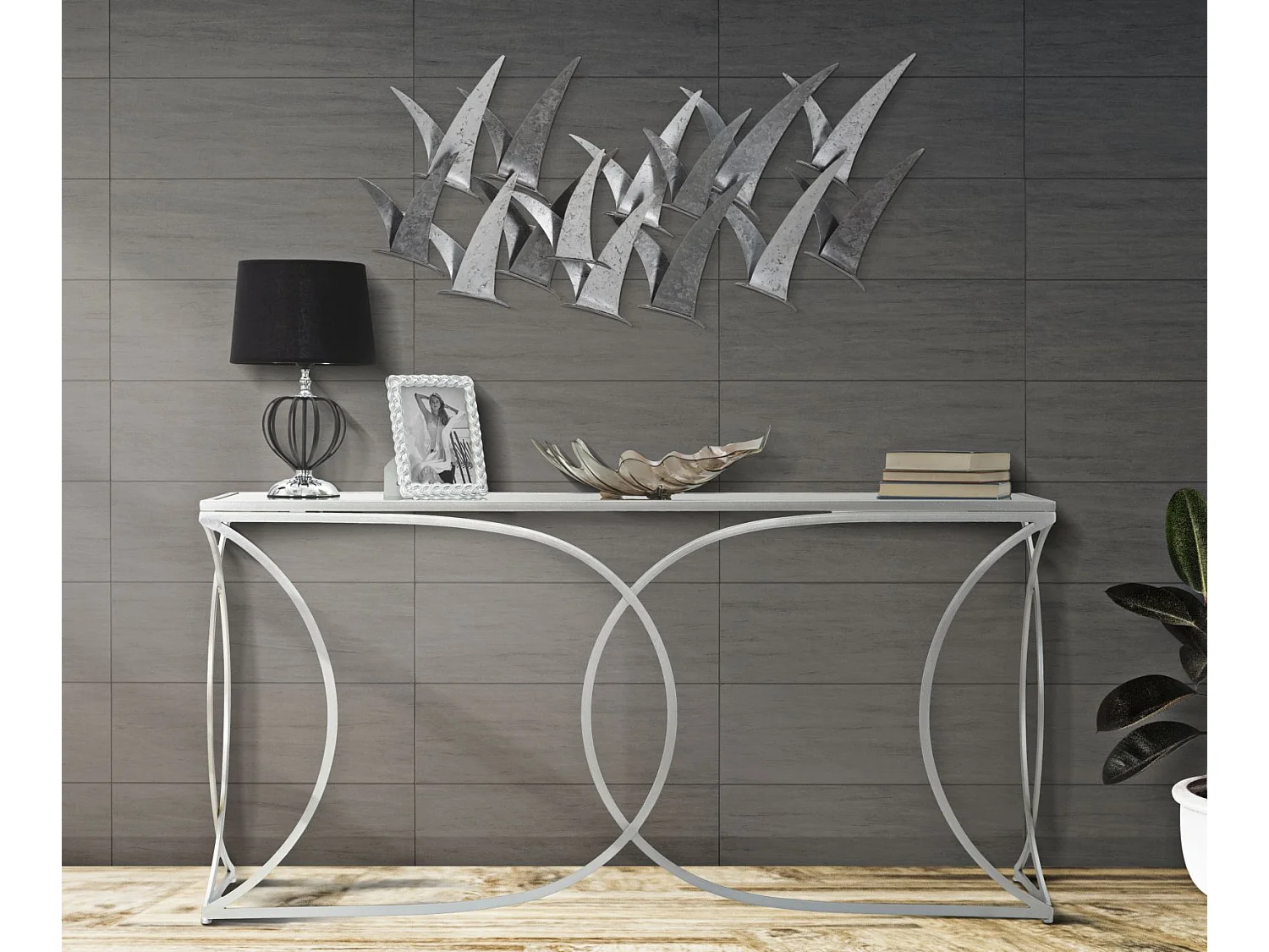 Pannello decorativo 3D in metallo argentato gabbiani cm 93x12,7x47,6