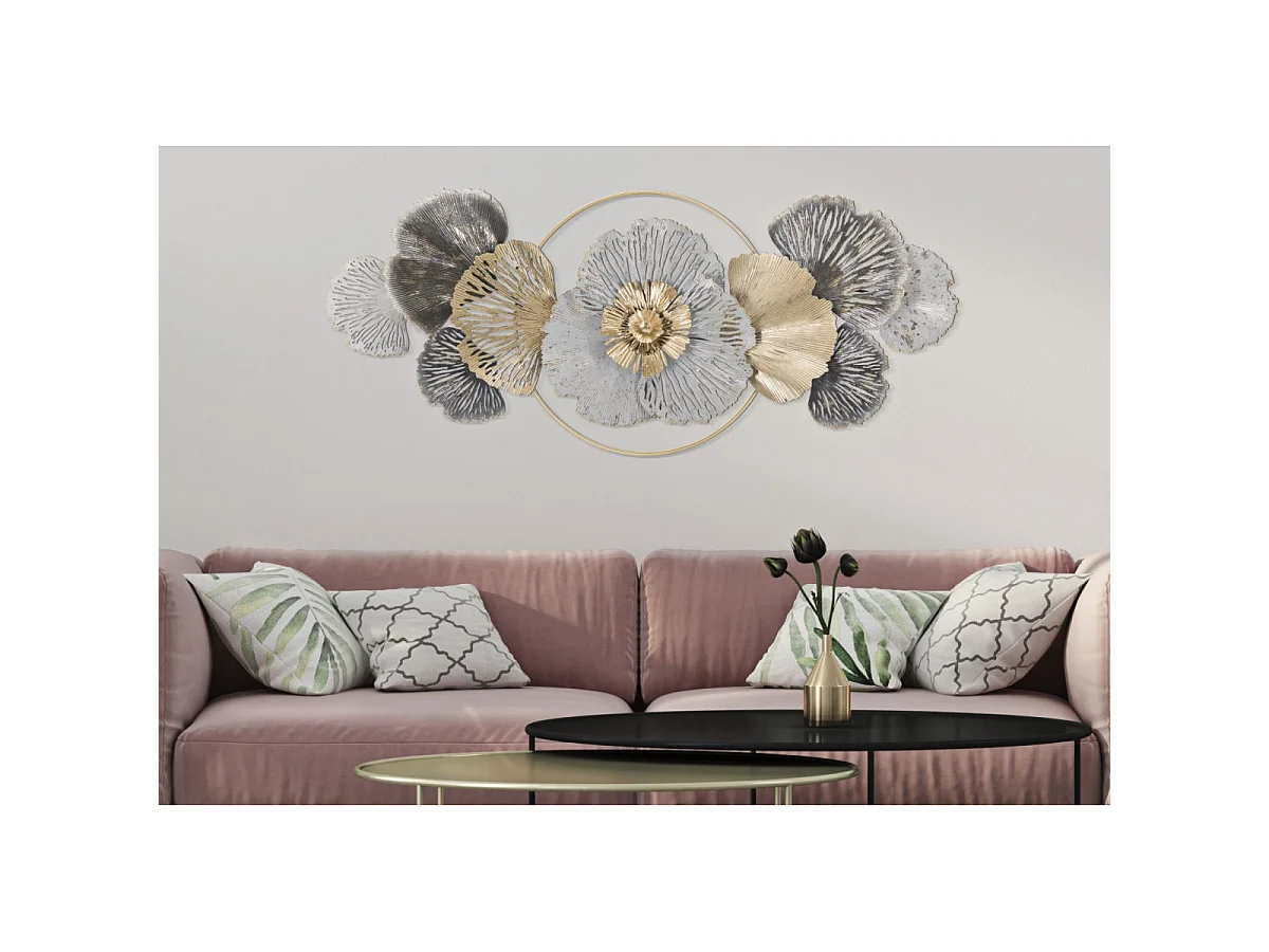 Dekoracyjny panel ścienny Poxy-A 130,8x8x55,9 cm - Żelazny panel 3D z kwiatami i liśćmi w stylu glamour - egzotyczna dekoracja