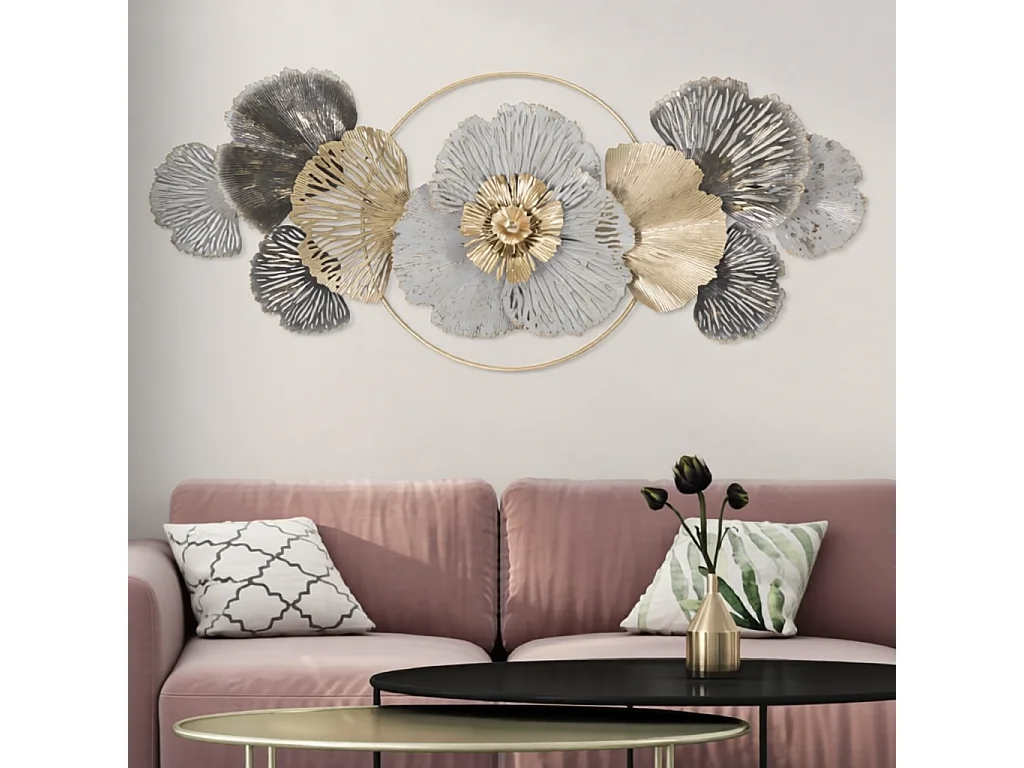 Dekoracyjny panel ścienny Poxy-A 130,8x8x55,9 cm - Żelazny panel 3D z kwiatami i liśćmi w stylu glamour - egzotyczna dekoracja