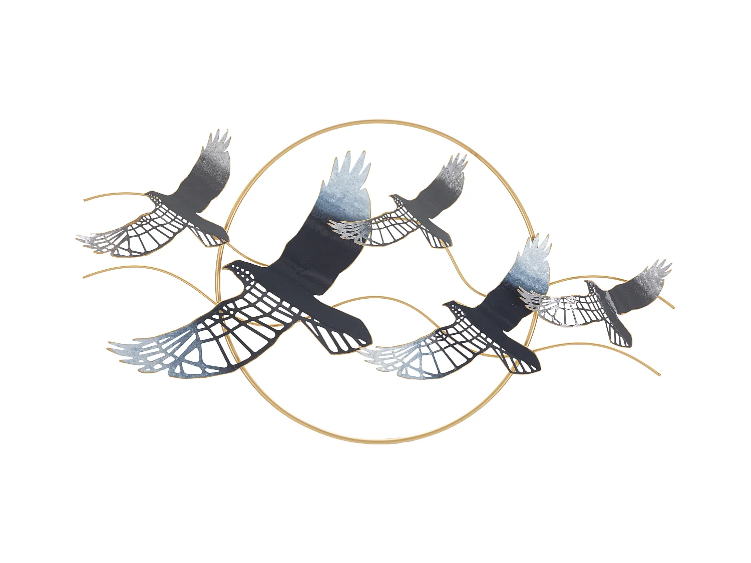 Panneau décoratif 3D en métal - panneau mural oiseaux en Vol avec Cadre Rond Doré - 91x7x50 cm