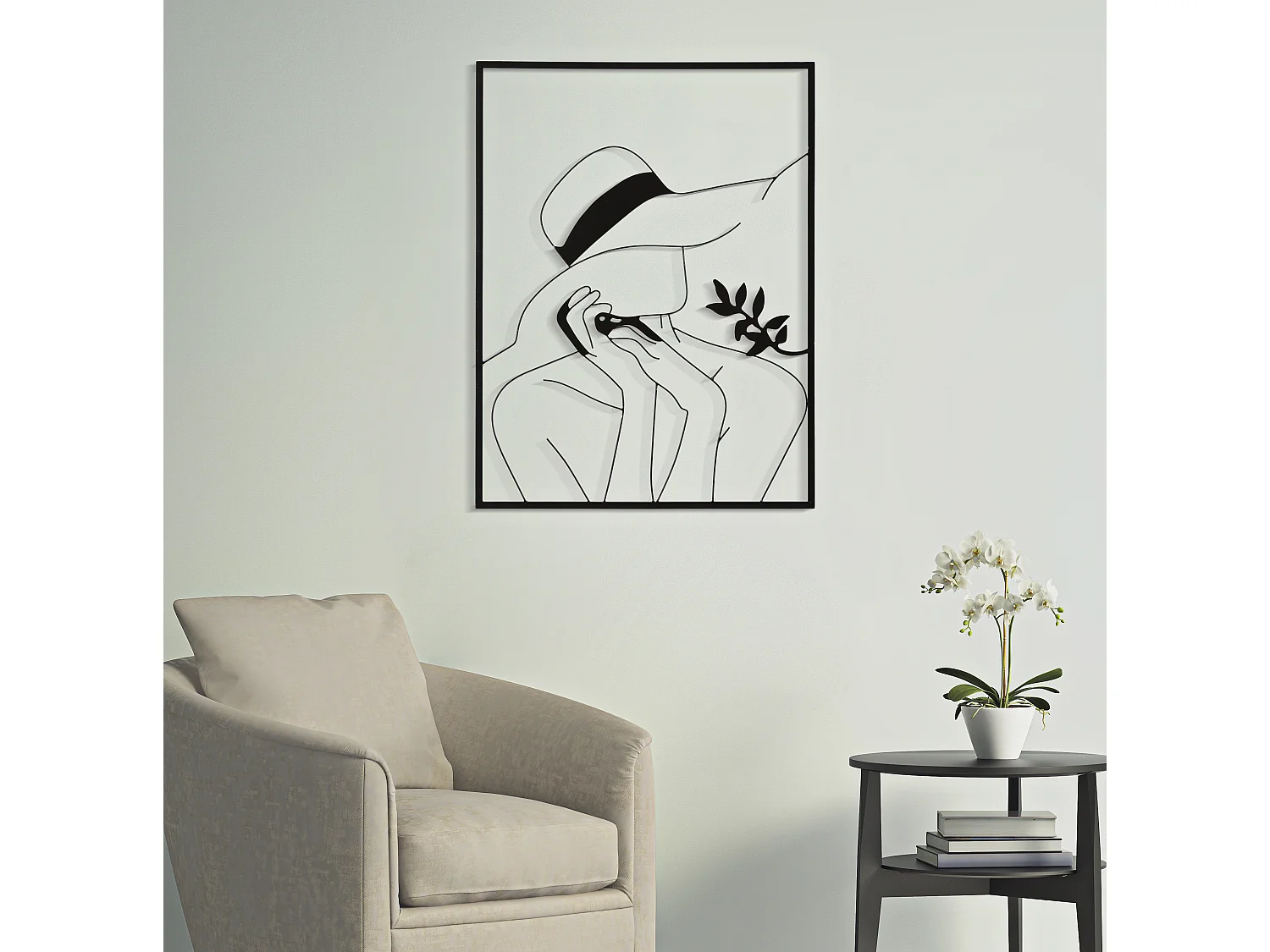 Pannello decorativo 3D in metallo nero donna con cappello cm 60x1x80