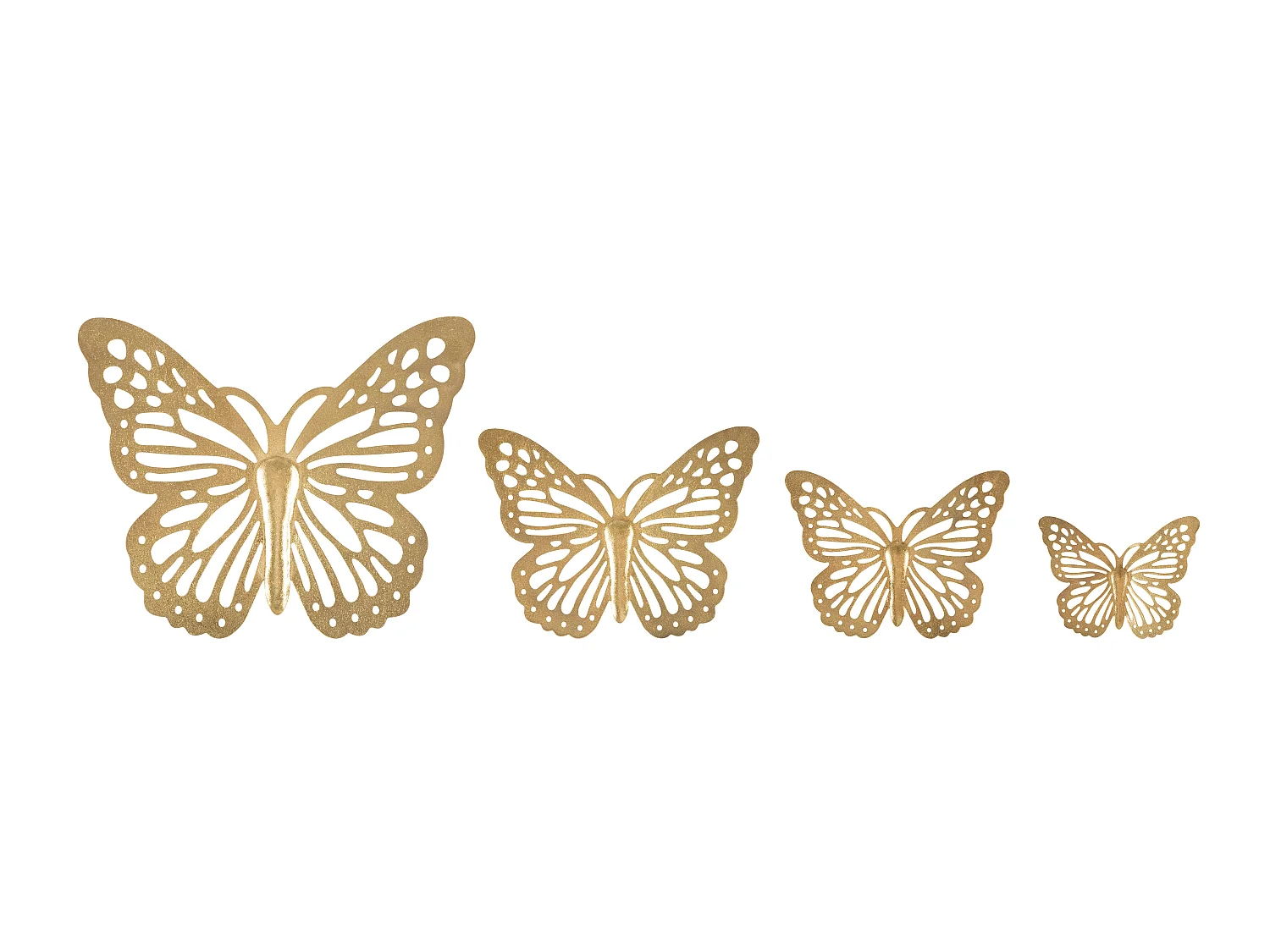Set de 4 Papillons Muraux Décoratifs 3D en Fer Doré - Design Élégant - Dimensions variées (35x2x29 cm, 25x2x19 cm, 20,5x2x16 cm, 16x2x12 cm).
