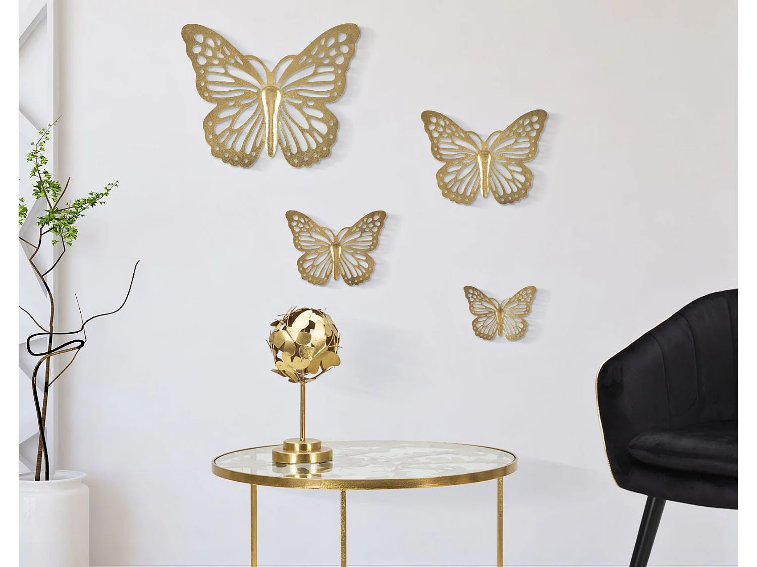 Lot de 4 Décorations Murales en Métal "Butterflies" 35cm Or