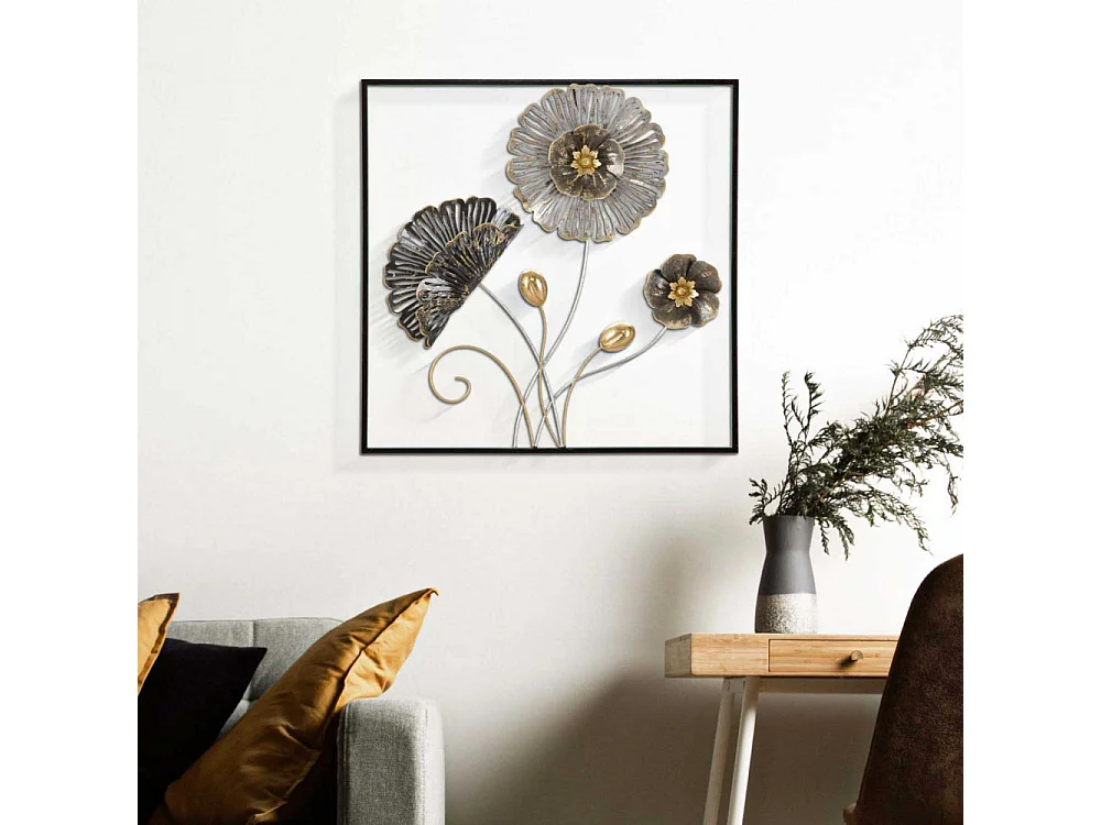 Décoration Murale Encadrée en Métal "Fleurs" 50cm Multicolore