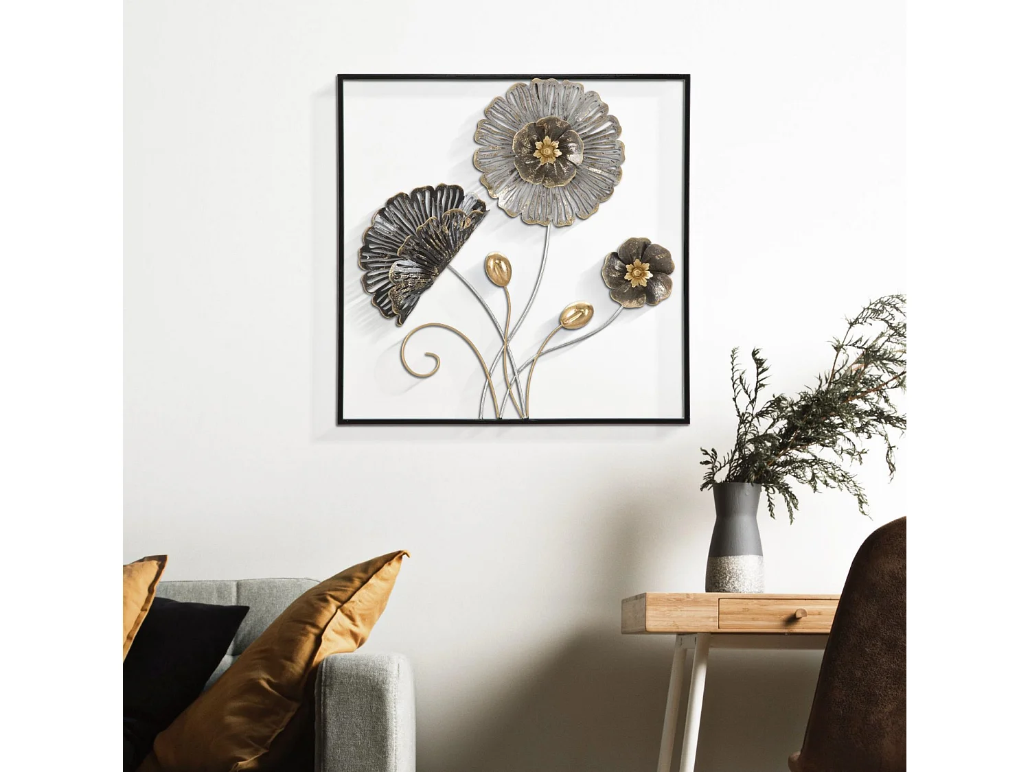 Décoration Murale Encadrée en Métal "Fleurs" 50cm Multicolore