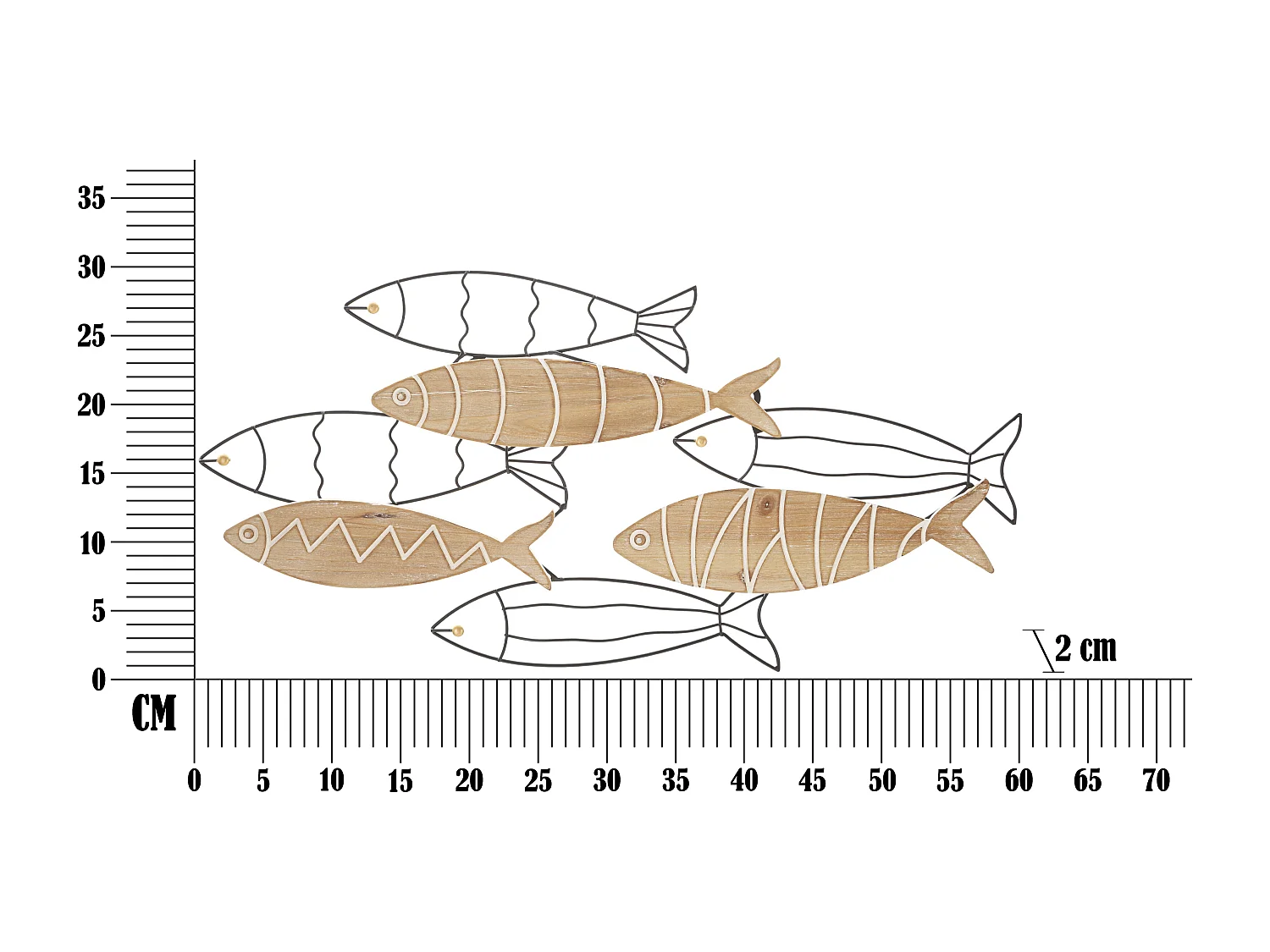 Pannello decorativo 3D pesci in metallo e legno nero cm 60x2x30