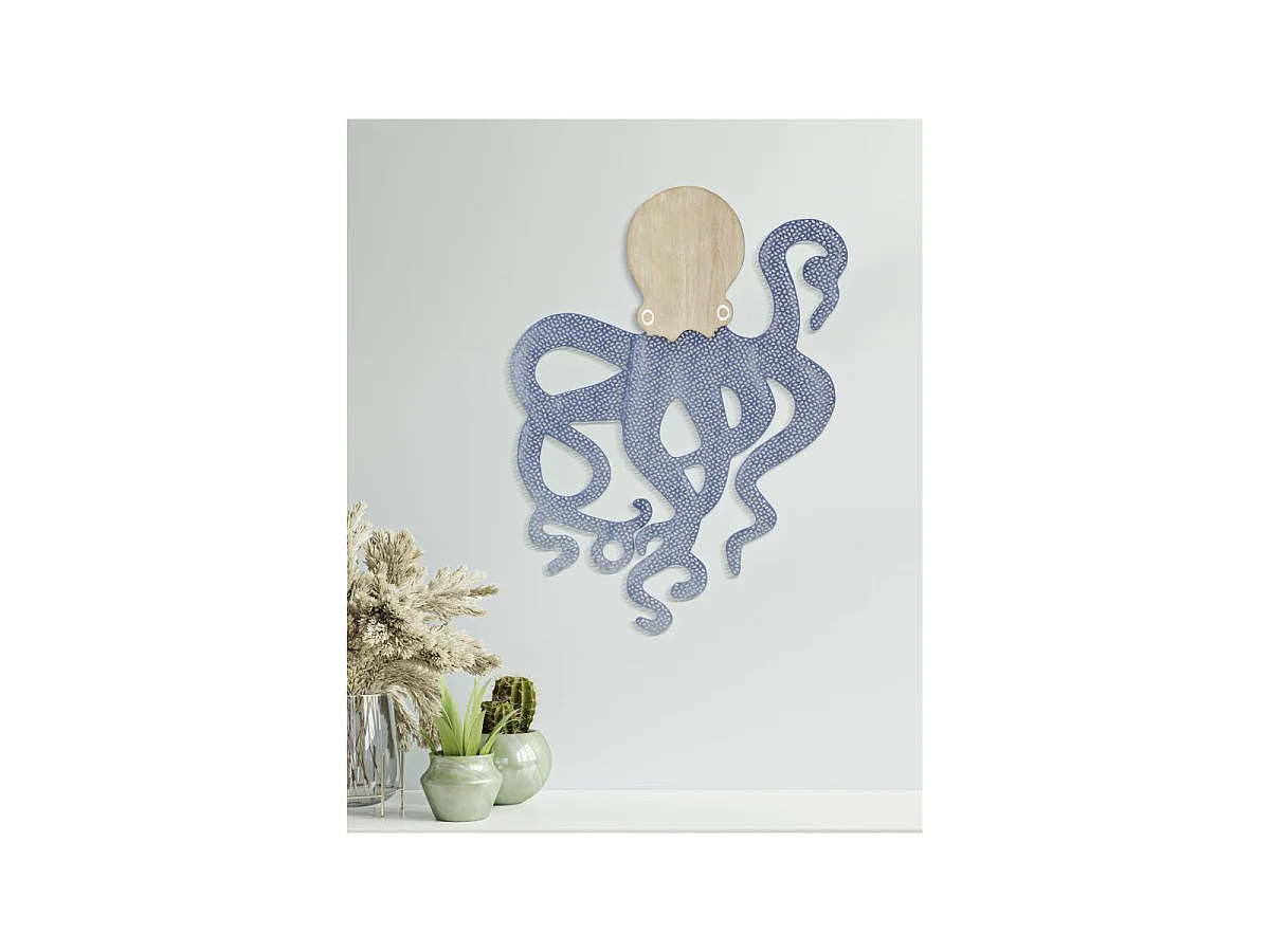 Décoration Murale en Métal "Pieuvre" 57cm Naturel & Bleu