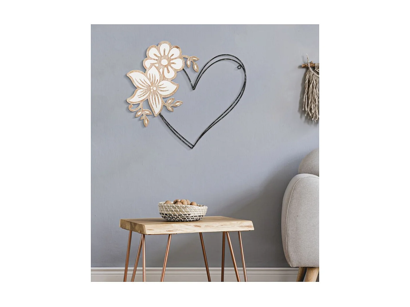 Décoration Murale en Métal "Cœur" 50cm Noir & Naturel