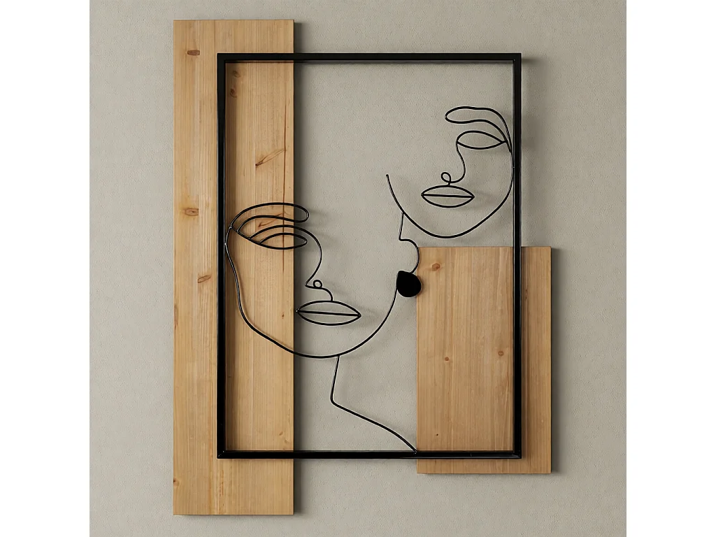 3D-Dekopaneel aus Metall schwarz und Holz braun Gesichter 63x2x90 cm