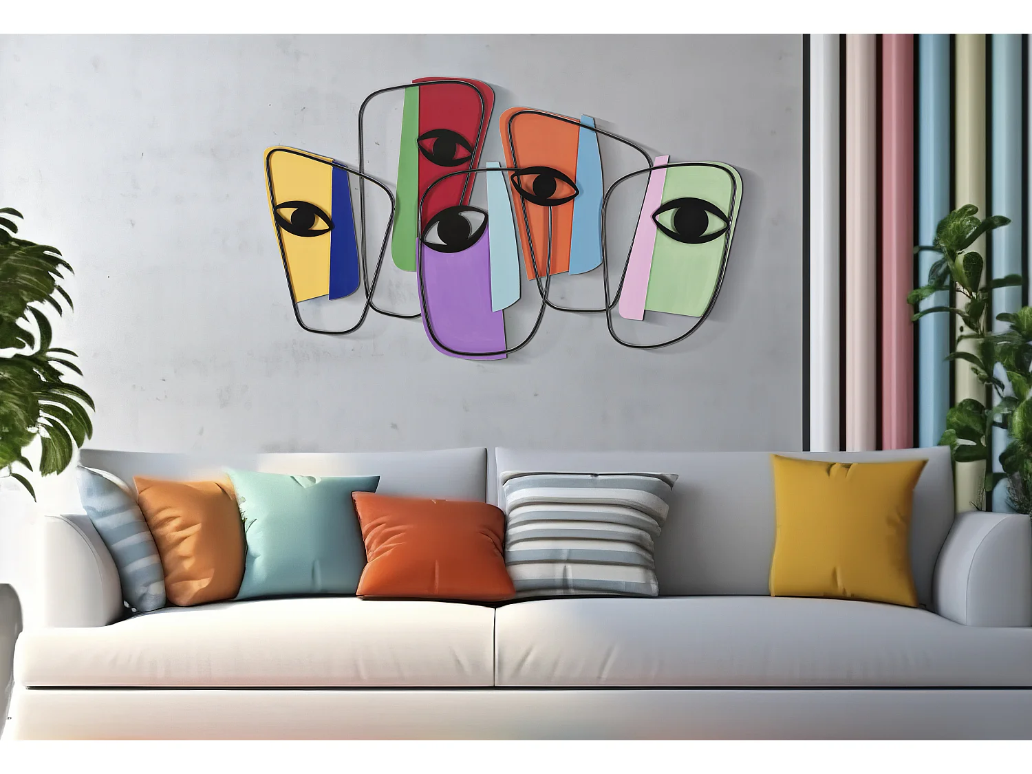 Pannello decorativo 3D in metallo multicolore volti cm 120x2x72