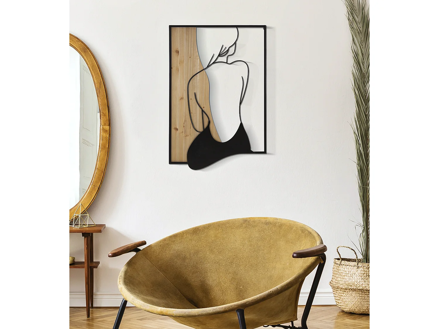 Pannello decorativo 3D in metallo nero legno marrone donna cm 60x2x90