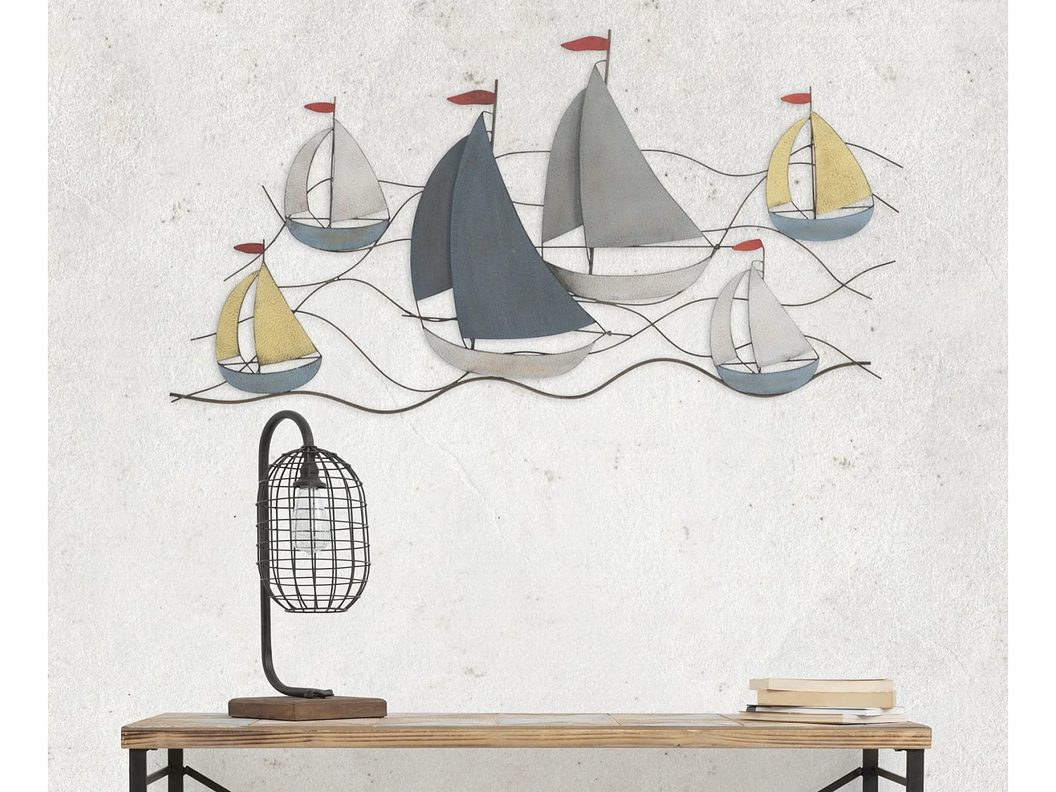 Déco Murale en Métal "Bateaux en Mer" 114cm Multicolore